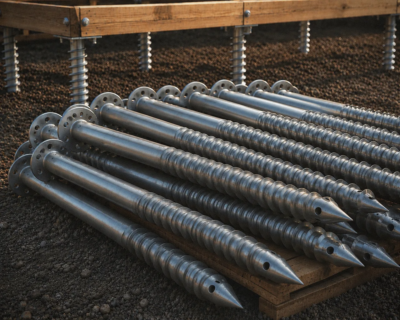 Galvanised steel ground screw foundations stacked on site — Southern Ground Screws